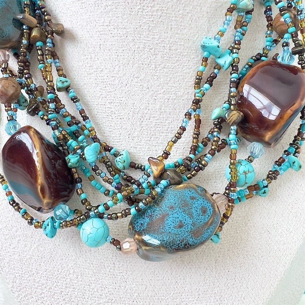 Multi-Strand Turquoise & Brown Beaded Gemstone Statement Necklace Extender - Picture 4 of 8
